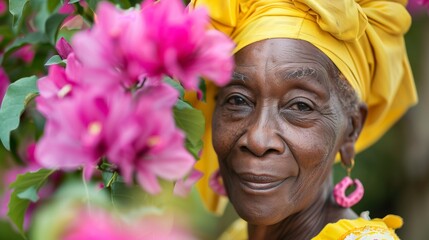 Obraz premium Elderly black lady looks at camera, smiling. Ebony woman wearing yellow oriental headdress. Cute face. Garden with pink flowers. Concept of walking in park, relax, gardening, old age