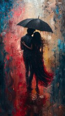Sharing an Umbrella in a Sudden Downpour - Walking closely under a shared umbrella, raindrops trickling down around them, a moment of closeness amidst chaos. 