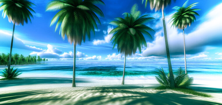 Tropical beach with palm trees and blue, cloudy sky, tropical paradise concept