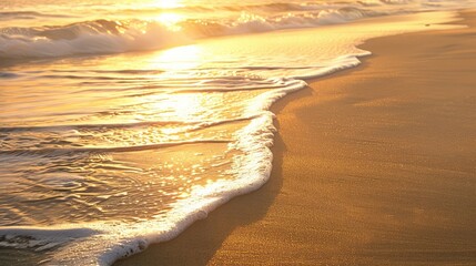 A peaceful beach at sunrise, with soft golden light illuminating the sand and waves gently lapping at the shore. - obrazy, fototapety, plakaty