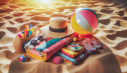 Fototapeta premium Beach accessories neatly arranged on a sandy beach, minimal summer vacation concept