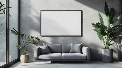 A gray sofa anchors a modern living room positioned beneath a black-framed blank screen