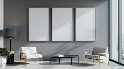 Three blank white screens arranged in a modern living room create a gallery wall ideal for showcasing artwork or photographs