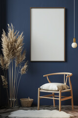 A crisp white screen with a wooden frame hangs on a calming blue wall, ideal for mockups or showcasing artwork