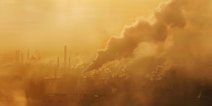 A stark depiction of industrial pollution, with dense smoke rising from factory chimneys against a hazy sky.