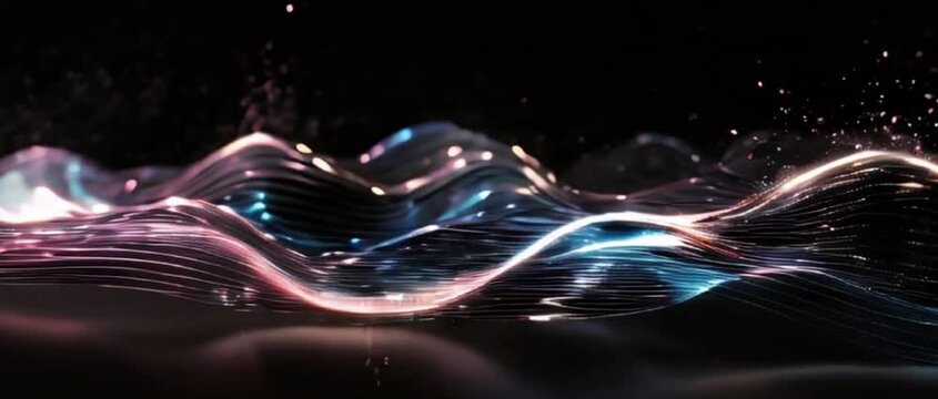 line wavy transparent particle glowing sparkle light colors space nebule black background