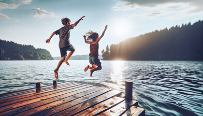 A boy and a girl jumping into the lake from a wooden dock, summer joy concept