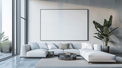 A modern living room features a crisp white sofa positioned beneath a black-framed blank screen