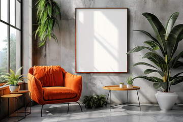 A pop of orange punctuates a modern living room, with a bright orange sofa positioned beneath a blank white screen on a cement wall - obrazy, fototapety, plakaty