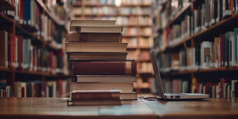 Fototapeta premium Stacks of hardcover books beside a laptop on a wooden desk in a library setting.