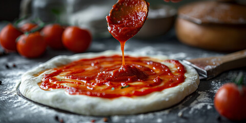 Tomatensoße läuft auf den Pizzateig beim zubereiten als Nahaufnahme, ai generativ - obrazy, fototapety, plakaty
