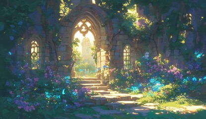 A lush, sunlit garden filled with vibrant flowers and towering arches made of ivy. 