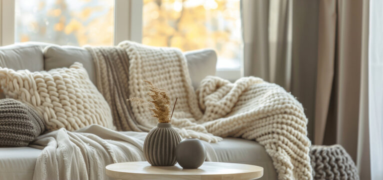 Comfortable living room with a soft couch adorned with knitted blankets and a vase on a coffee table, evoking a warm atmosphere.