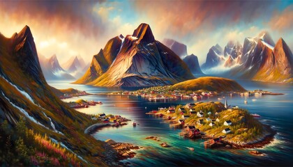 Oil Painting of Reine, Norway - obrazy, fototapety, plakaty