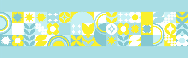 Seamless geometric summer background from flowers ornament, bright textiles and wallpaper. Daisies and bells in yellow and blue sunny shades for packaging goods and gifts.