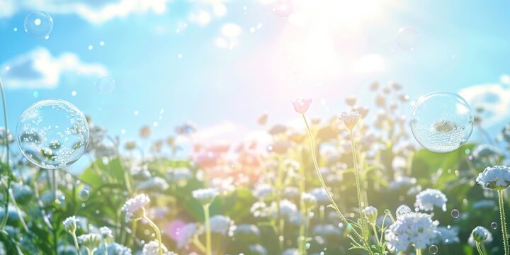 Sunlit field of spring flowers with floating bubbles against a clear blue sky.
