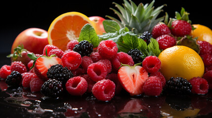 Sweet and juicy fruits on dark backgound