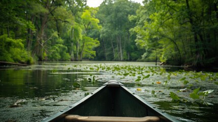 A serene lake surrounded by lush greenery, perfect for kayaking and canoeing.
