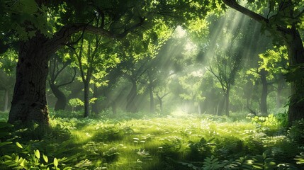 A serene forest glade with dappled sunlight filtering through the leaves, casting a gentle glow on the lush greenery.
