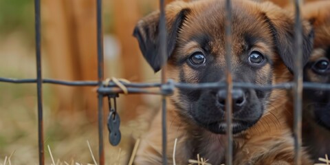Two cute brown puppies gazing through a wire fence, seeking attention or freedom.
