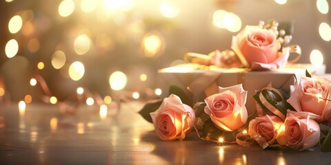 Soft pink roses and a stylish gift box amidst festive twinkling lights.