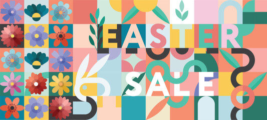 Abstract geometric Happy Easter background for advertising. Icons with bunny, flowers and forms. Trendy design for banner, background, wallpaper, cover. Bauhaus style.