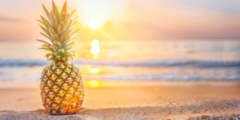 Golden pineapple on a sandy beach with ocean waves and a beautiful sunset in the background.