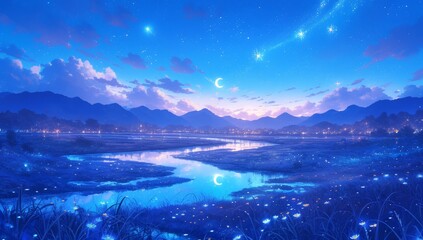 river flows through the valley, reflecting stars and a crescent moon in the sky. The background features distant mountains under dark clouds, creating an enchanting night scene. 