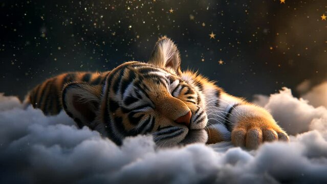 A cute baby tiger sleeping peacefully on cloud with starry night sky background. seamless looping 4k time-lapse animation video background