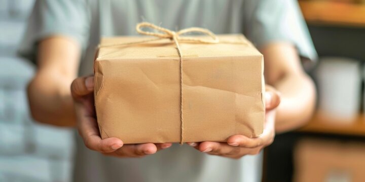 Close-up of hands holding a modestly wrapped brown paper package.