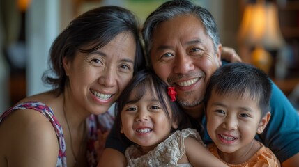 A joyful Asian family with two children sharing a warm embrace, radiating happiness and togetherness in an indoor setting.