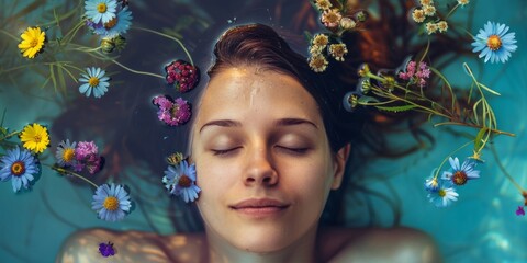 A serene woman's face surrounded by floating flowers in a tranquil water spa setting.