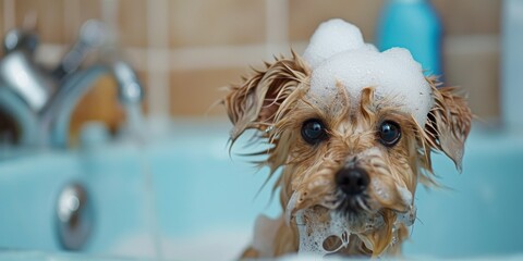 Adorable Yorkshire Terrier covered in soap suds, taking a bath with a concerned expression. - obrazy, fototapety, plakaty