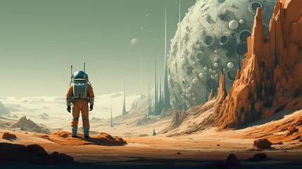 Zelfklevend Fotobehang A futuristic person in a space suit on a strange planet, alone on a strange planet © Frank