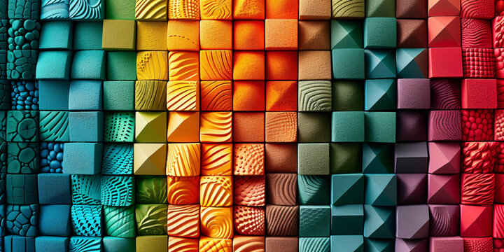 Vibrant Spectrum of Textured Cubes: A High-Resolution Image Capturing the Intersection of Color, Texture, and Geometry Ideal for Backgrounds and Abstract Designs