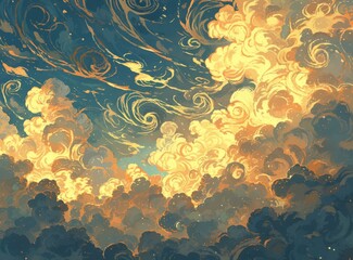 A digital painting of clouds in the sky, with swirling patterns and shades of blue and yellow. 