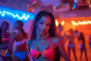 A fashionable young African American influencer dancing on a purple-pink background of a fashionable dance studio.