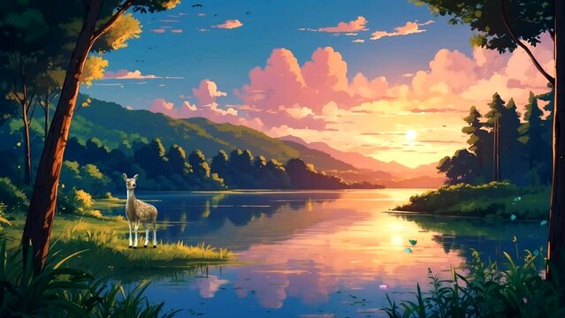 Animation of a beautiful lake in the middle of a forest with a deer at sunrise.. Seamless looping 4k time-lapse animation video background