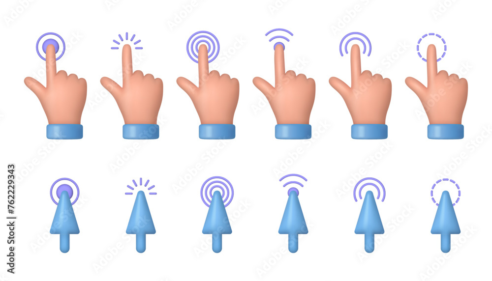 Aufkleber Screen and computer realistic cursors, isolated hand and pointer with motion effect. Vector UI elements for website or mobile phone applications. Gestures or tapping and clicking, touching