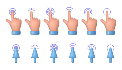 Screen and computer realistic cursors, isolated hand and pointer with motion effect. Vector UI elements for website or mobile phone applications. Gestures or tapping and clicking, touching