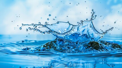 Dynamic splash of clear water captured against a bright blue background.