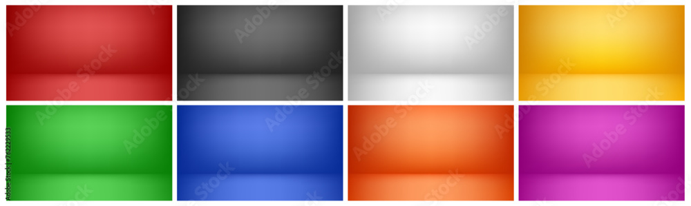 Aufkleber Presentation or display of products with realistic backgrounds. Vector set of studio wall with lights and horizon line. Place for exposition or exhibition, interior design of empty location