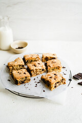 Homemade chocolate chip brownies on countertop