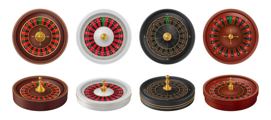 Gambling games, isolated set of icons of disk roulettes with numbers. Vector top and side view of wheel for winning money in casino. Gambler leisure and entertainment fun, trying luck and risk