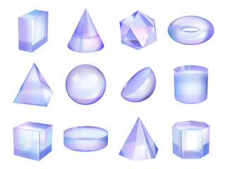 Geometric gradient holographic figure or shape. Vector isolated 3d realistic figurines, pyramid and cone, sphere and semicircle, podium and square box. Glass or transparent unblurred crystals