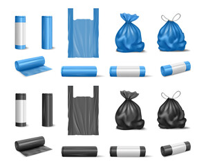 Empty and filled trash bags, isolated realistic sacks in roll with label. Vector rubbish biodegradable packets for disposing litter. Ecologically friendly recycling alternative, mockup of polyethylene