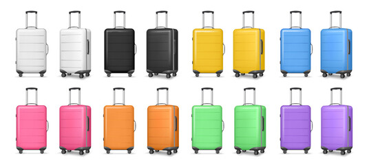 Travel bag with handle, airport suitcase in different colors. Vector illustration of luggage suitcases, travel abroad accessories, handbag baggage element, holiday journey vacation suitcase © Sensvector