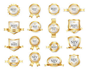 Badge gold realistic buttons with best premium text button. Vector illustration of glossy reward banners, victory reward and success element. Yellow warranty emblem, steal certificate award