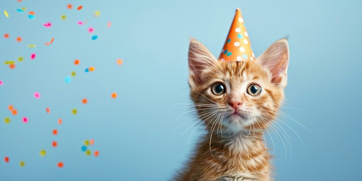 Adorable orange kitten with a blue polka dot party hat, celebrating with confetti on a blue background.