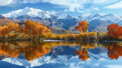 A tranquil lake reflecting the surrounding snow-capped mountains, with a few colorful autumn trees lining the shore.